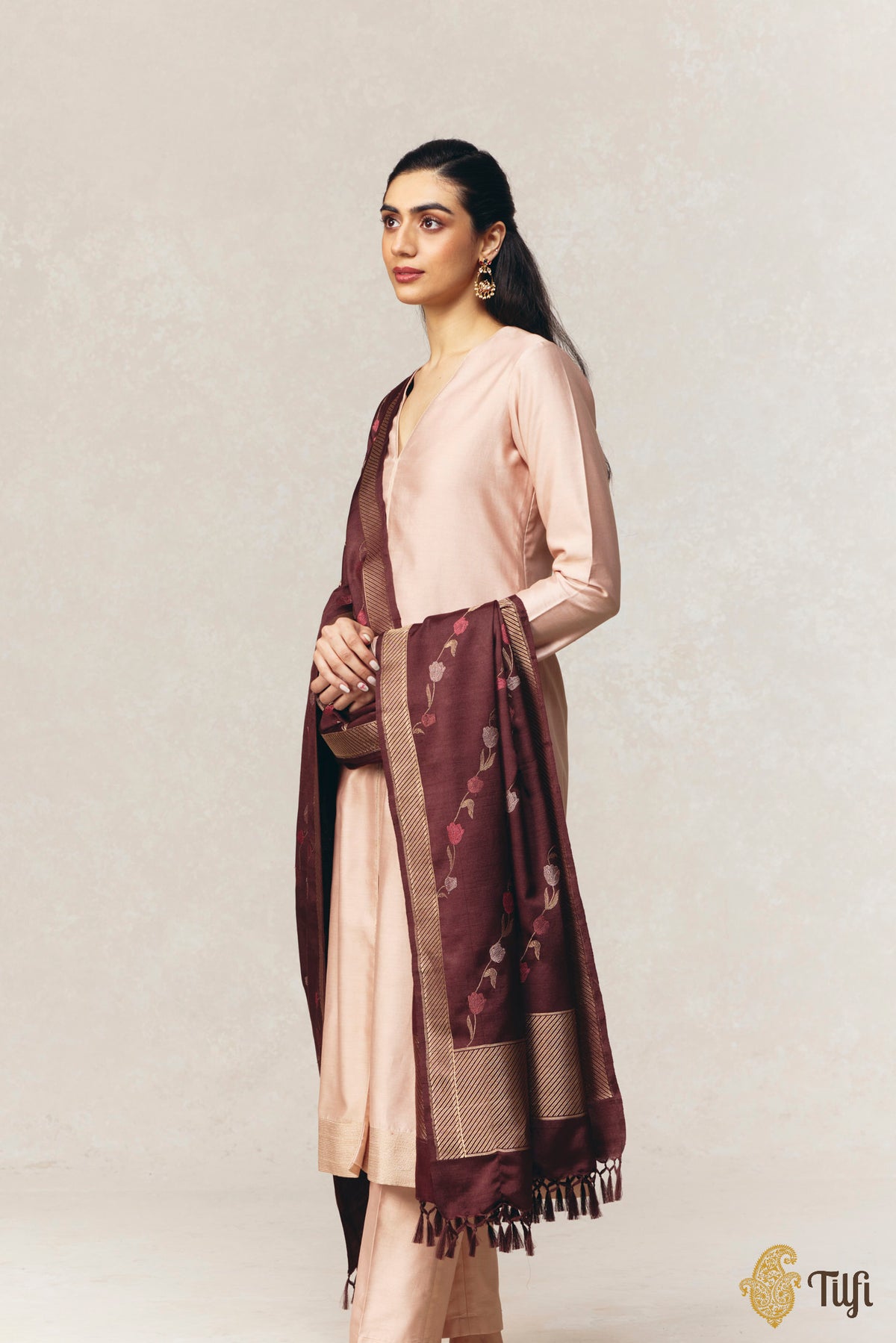 Chocolate Brown Pure Silk by Wool Kadwa Aadha Meena Dupatta