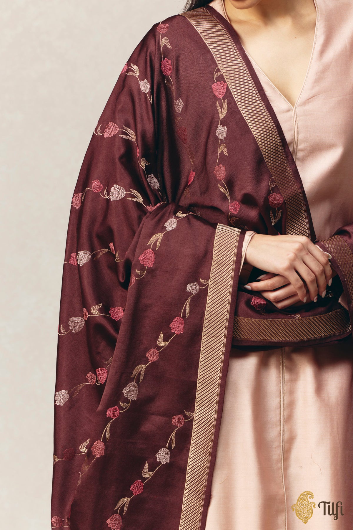 Chocolate Brown Pure Silk by Wool Kadwa Aadha Meena Dupatta