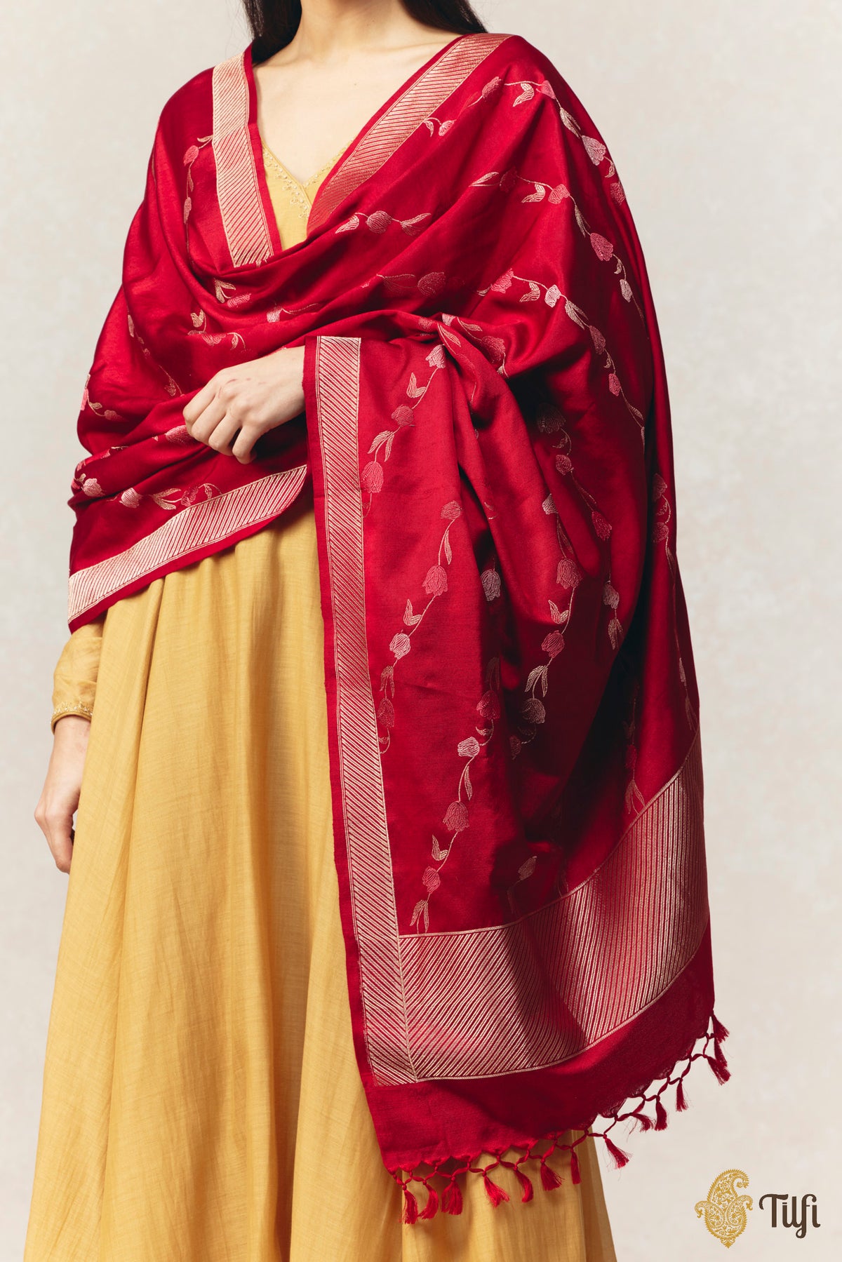 Maroon Pure Silk by Wool Kadwa Aadha Meena Dupatta