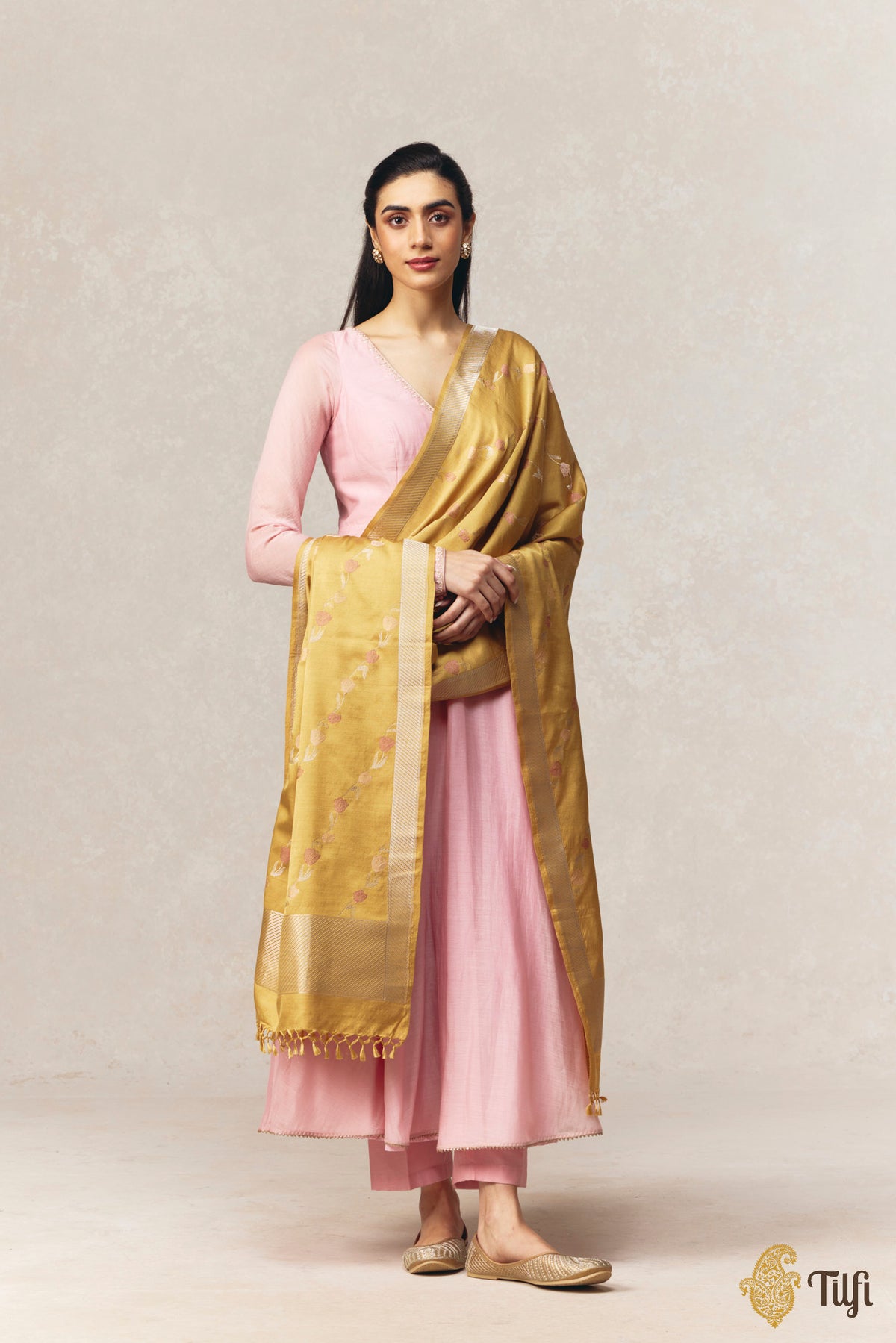 Earthy-Beige Pure Silk by Wool Kadwa Aadha Meena Dupatta