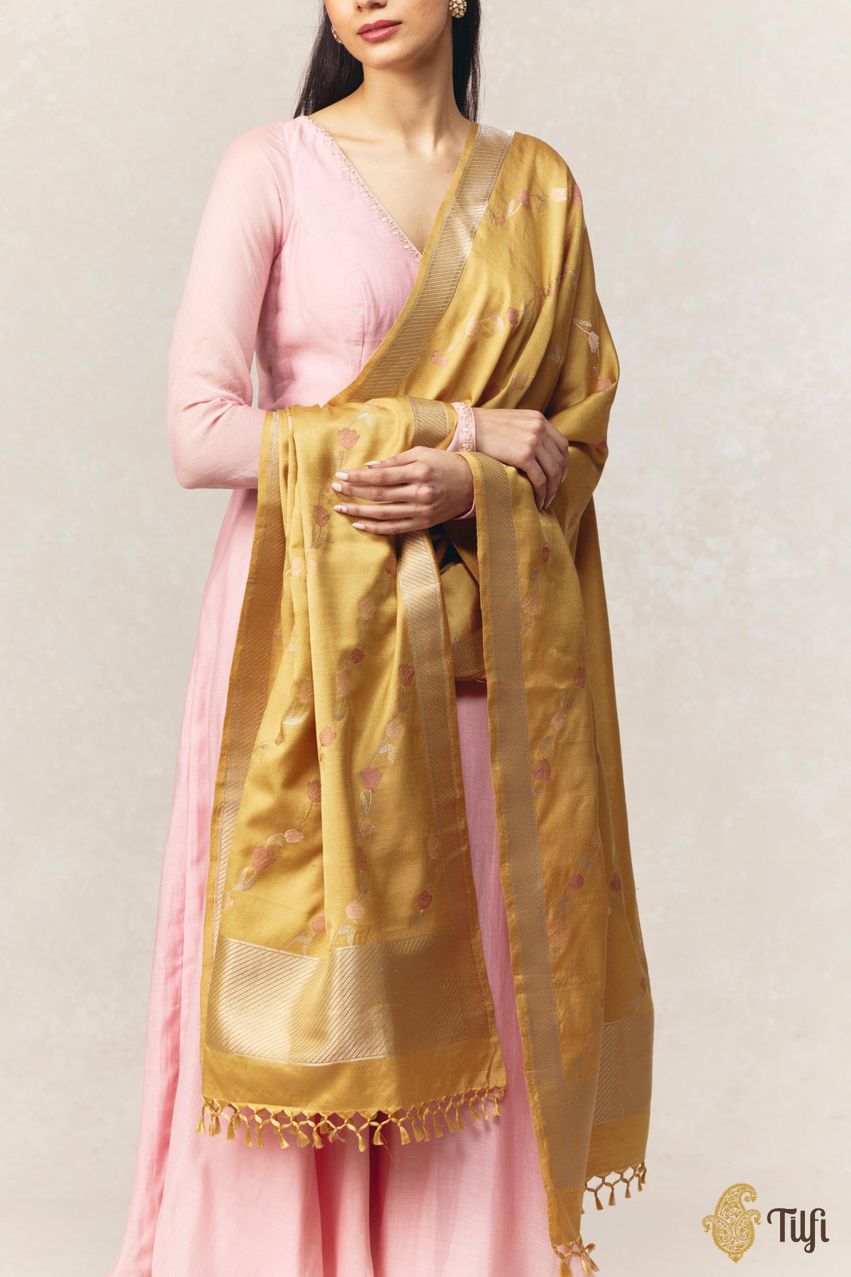 Earthy-Beige Pure Silk by Wool Kadwa Aadha Meena Dupatta