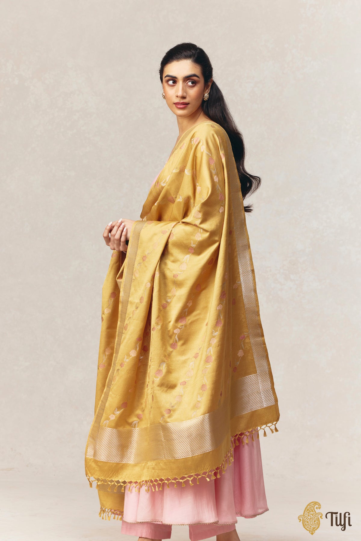 Earthy-Beige Pure Silk by Wool Kadwa Aadha Meena Dupatta