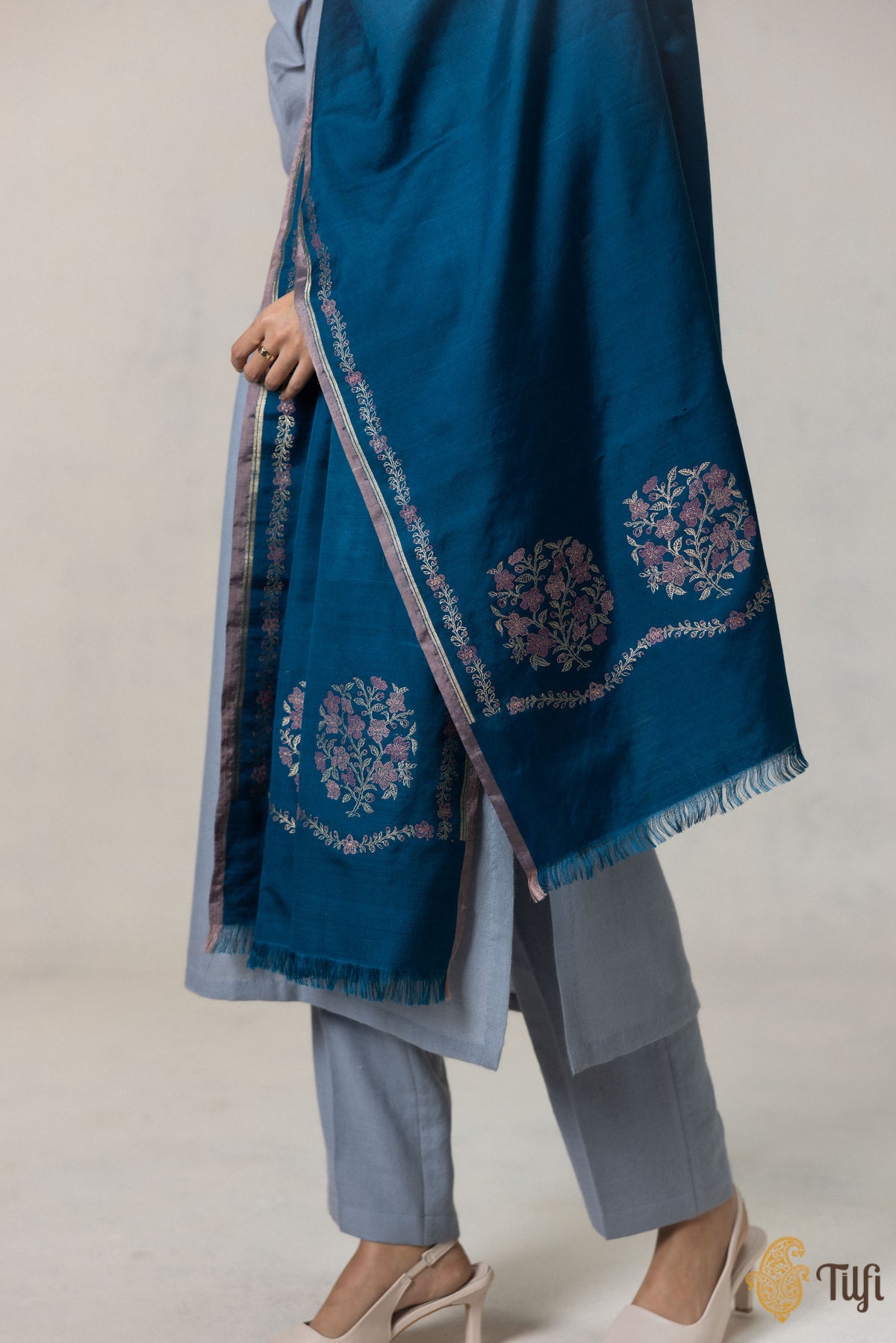 Blue Silk-Wool Banarasi Handloom Dupatta