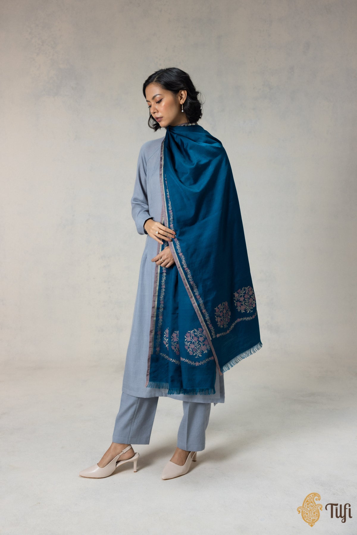 Blue Silk-Wool Banarasi Handloom Dupatta