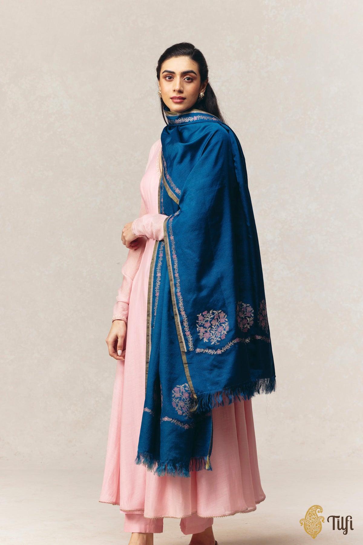 Navy Blue Pure Silk by Wool Kadwa Meena Border Dupatta