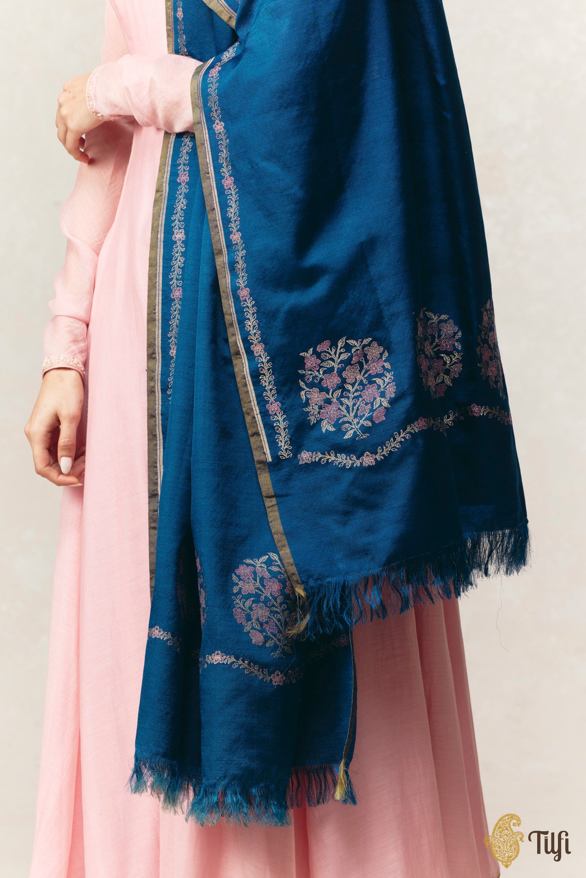 Navy Blue Pure Silk by Wool Kadwa Meena Border Dupatta