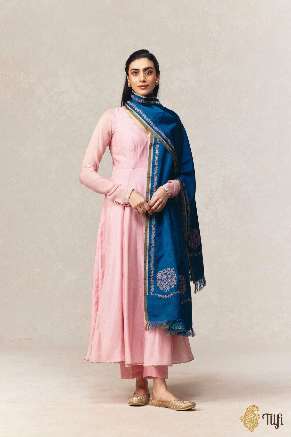 Navy Blue Pure Silk by Wool Kadwa Meena Border Dupatta