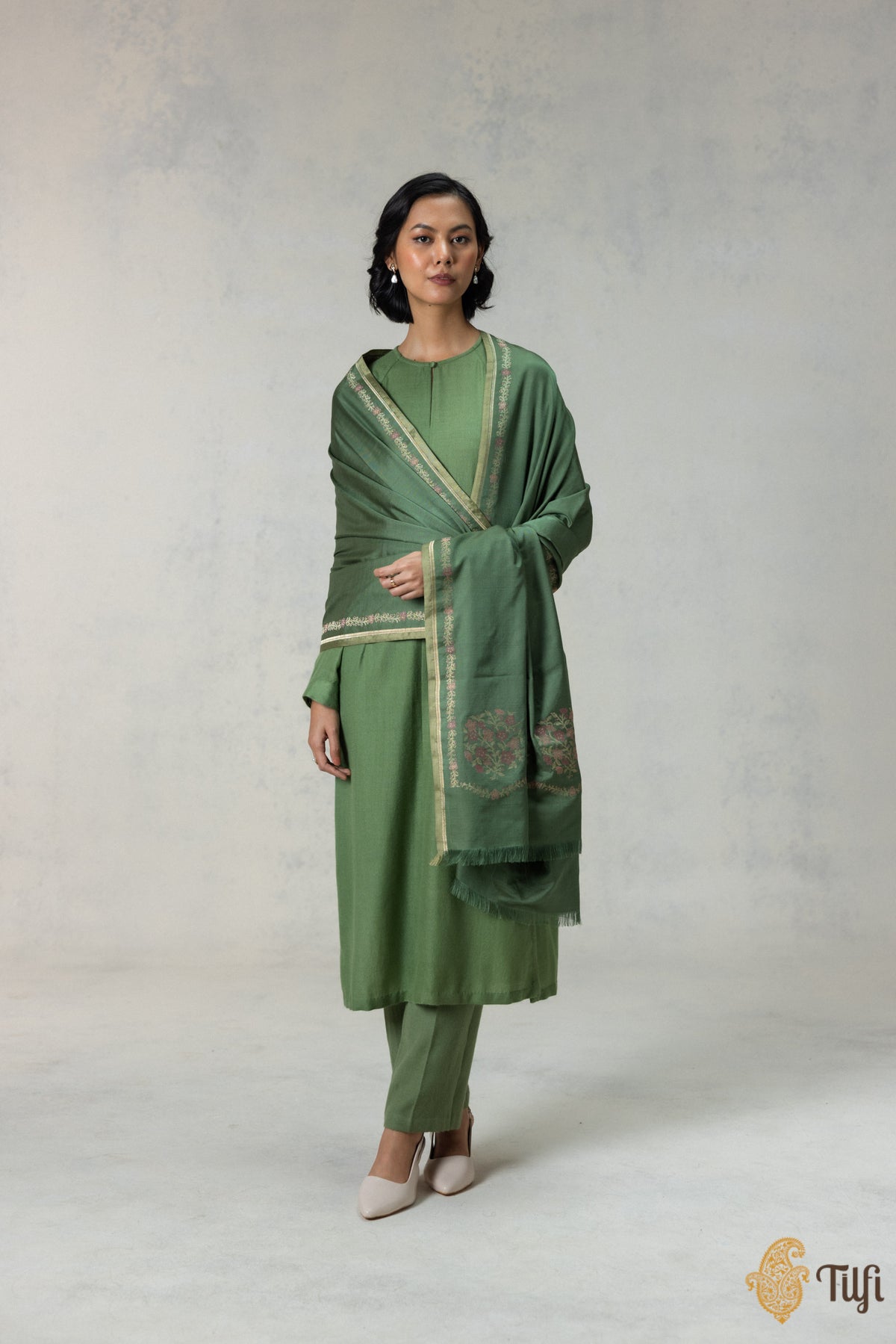 Green Silk-Wool Banarasi Handloom Dupatta