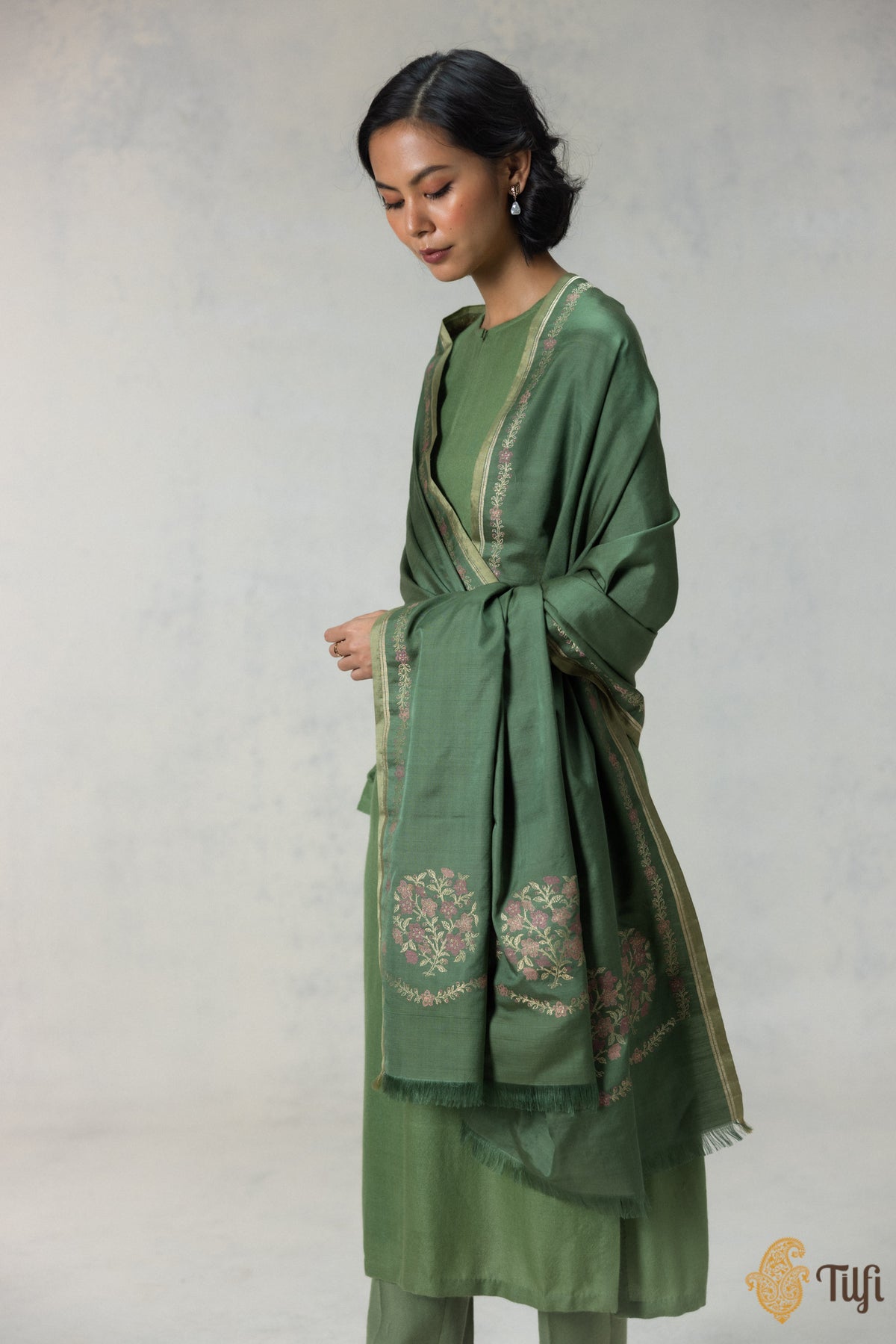 Green Silk-Wool Banarasi Handloom Dupatta