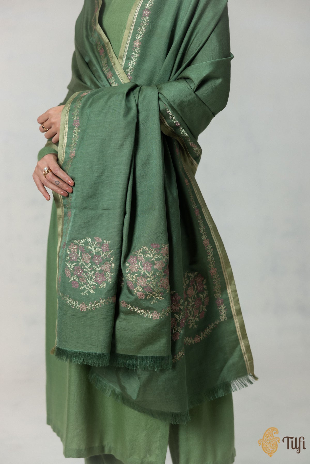 Green Silk-Wool Banarasi Handloom Dupatta