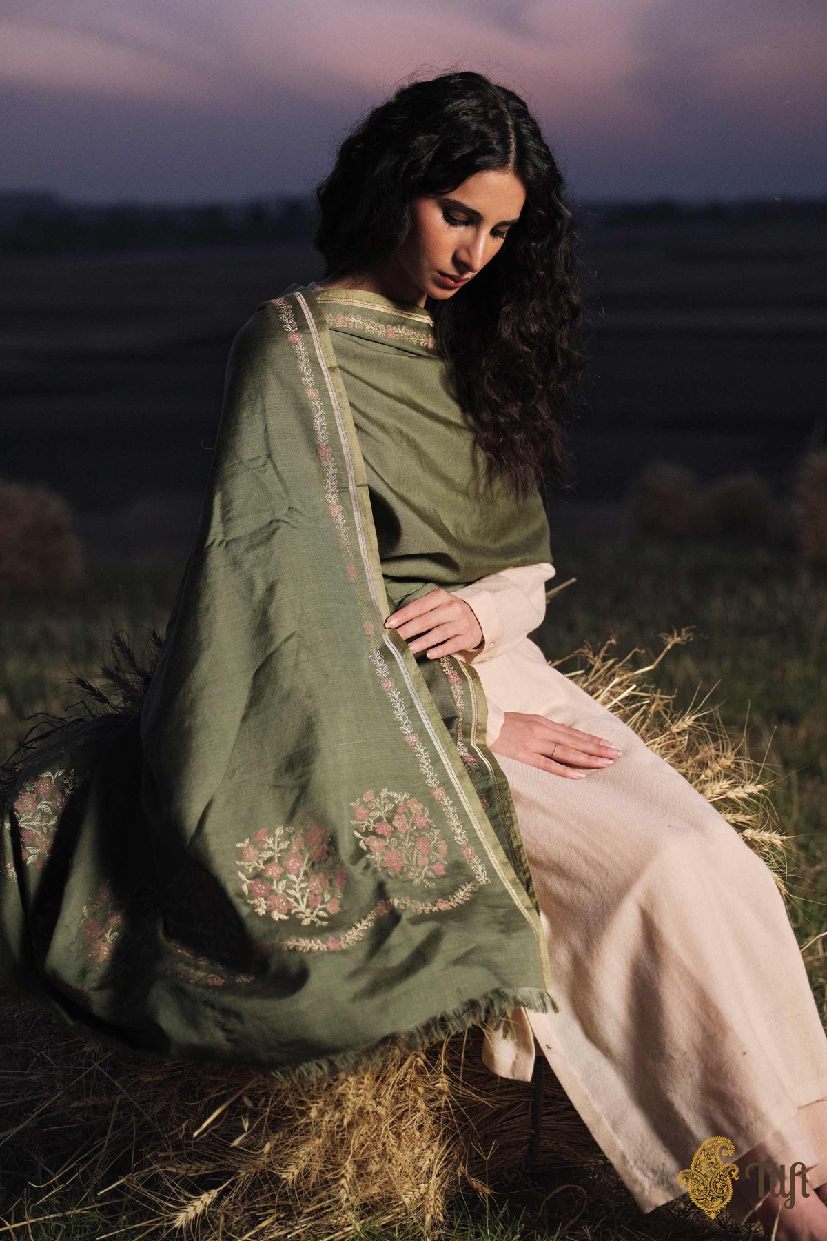 Green Silk-Wool Banarasi Handloom Dupatta