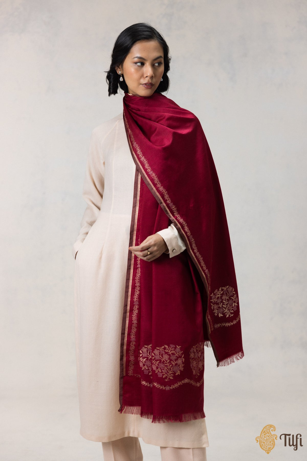 Maroon Silk-Wool Banarasi Handloom Dupatta