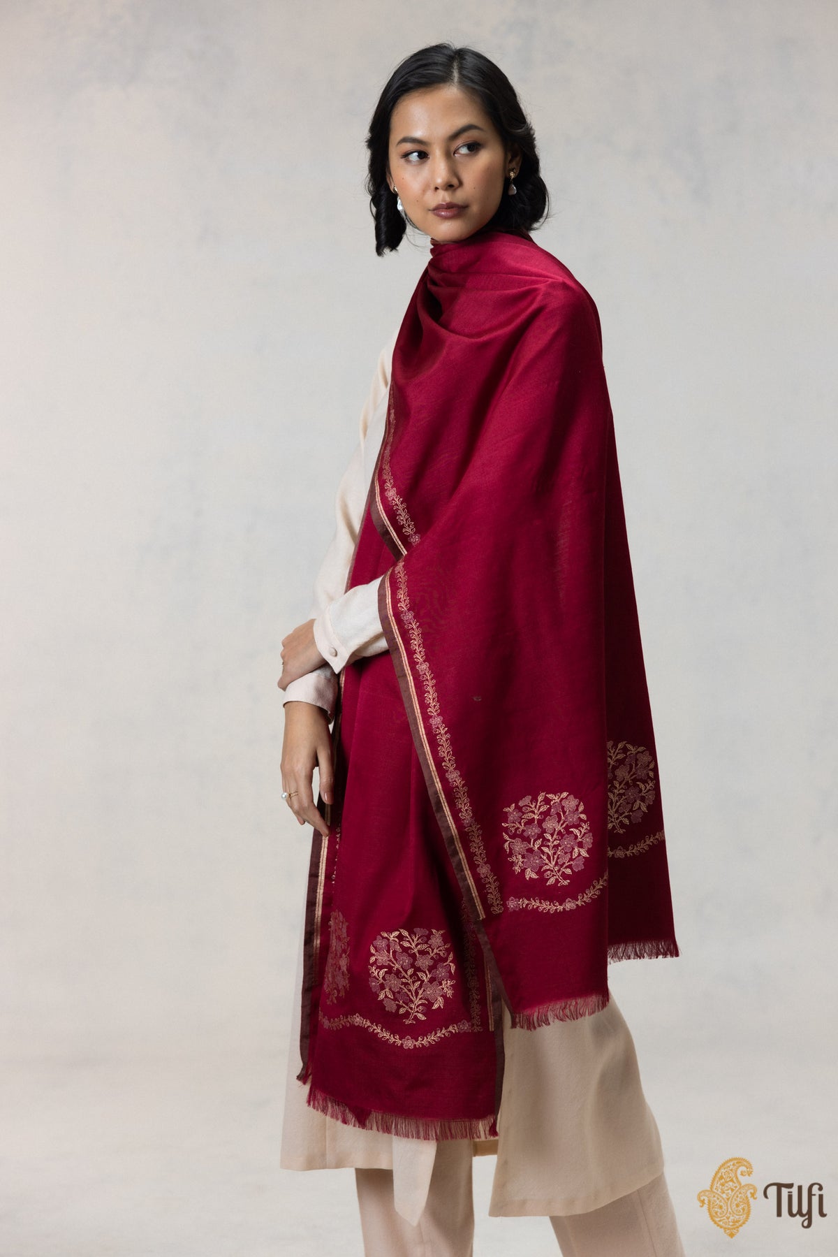 Maroon Silk-Wool Banarasi Handloom Dupatta