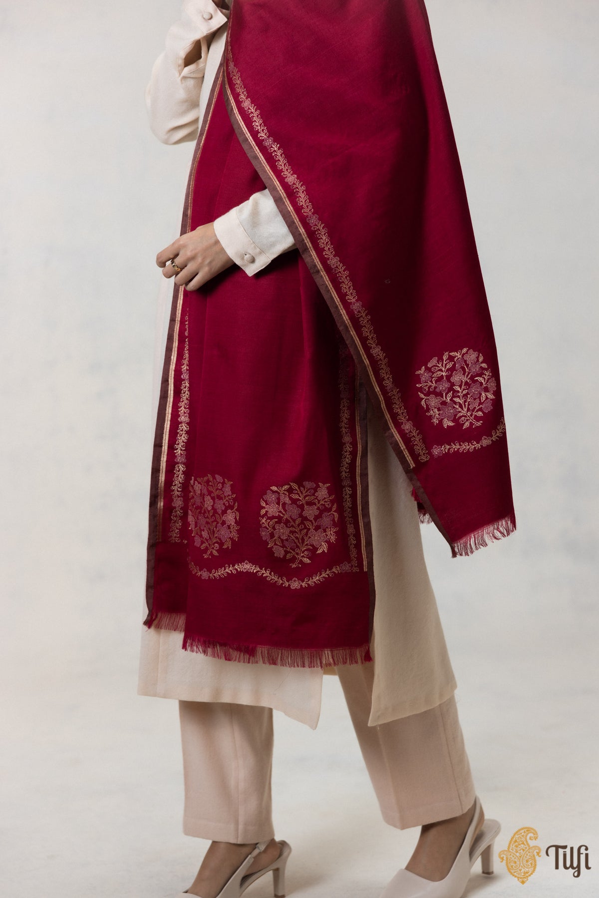 Maroon Silk-Wool Banarasi Handloom Dupatta