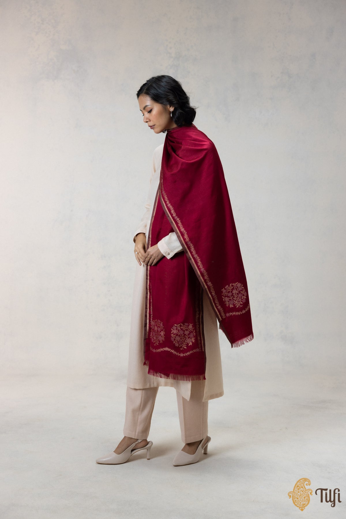 Maroon Silk-Wool Banarasi Handloom Dupatta