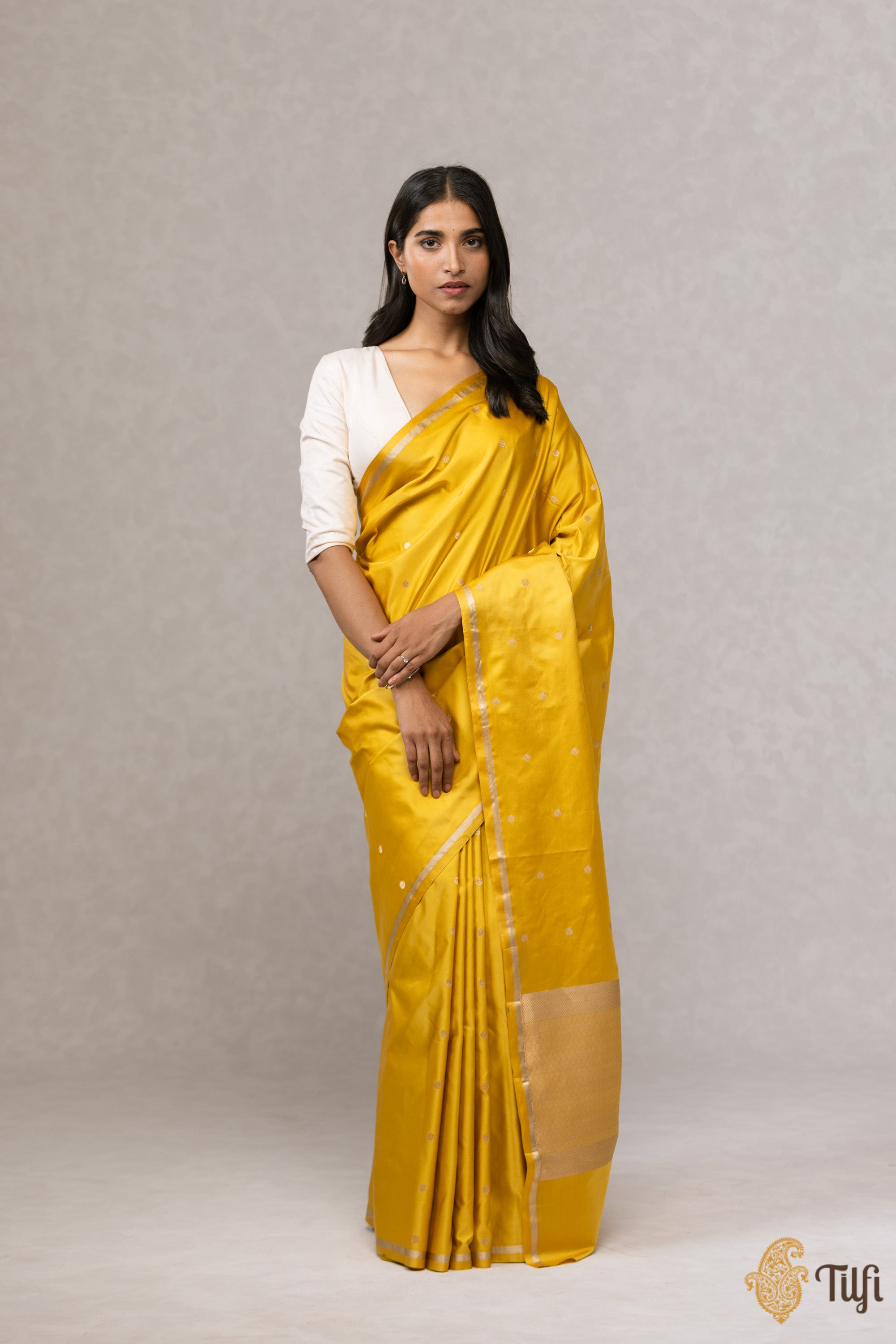 Mustard Yellow Satin Drape Saree – Tirumala Designers