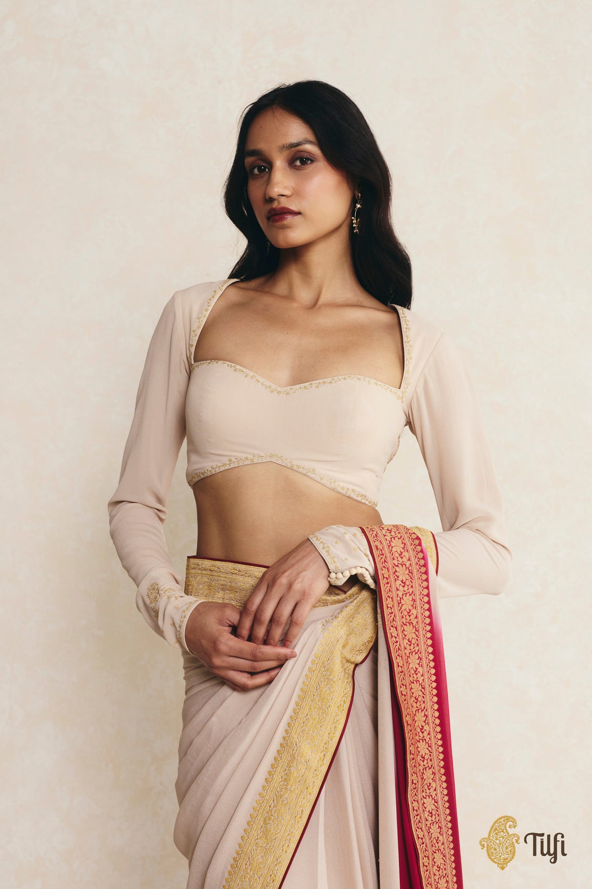 Beige Pure Georgette Hand-Embroidered Blouse