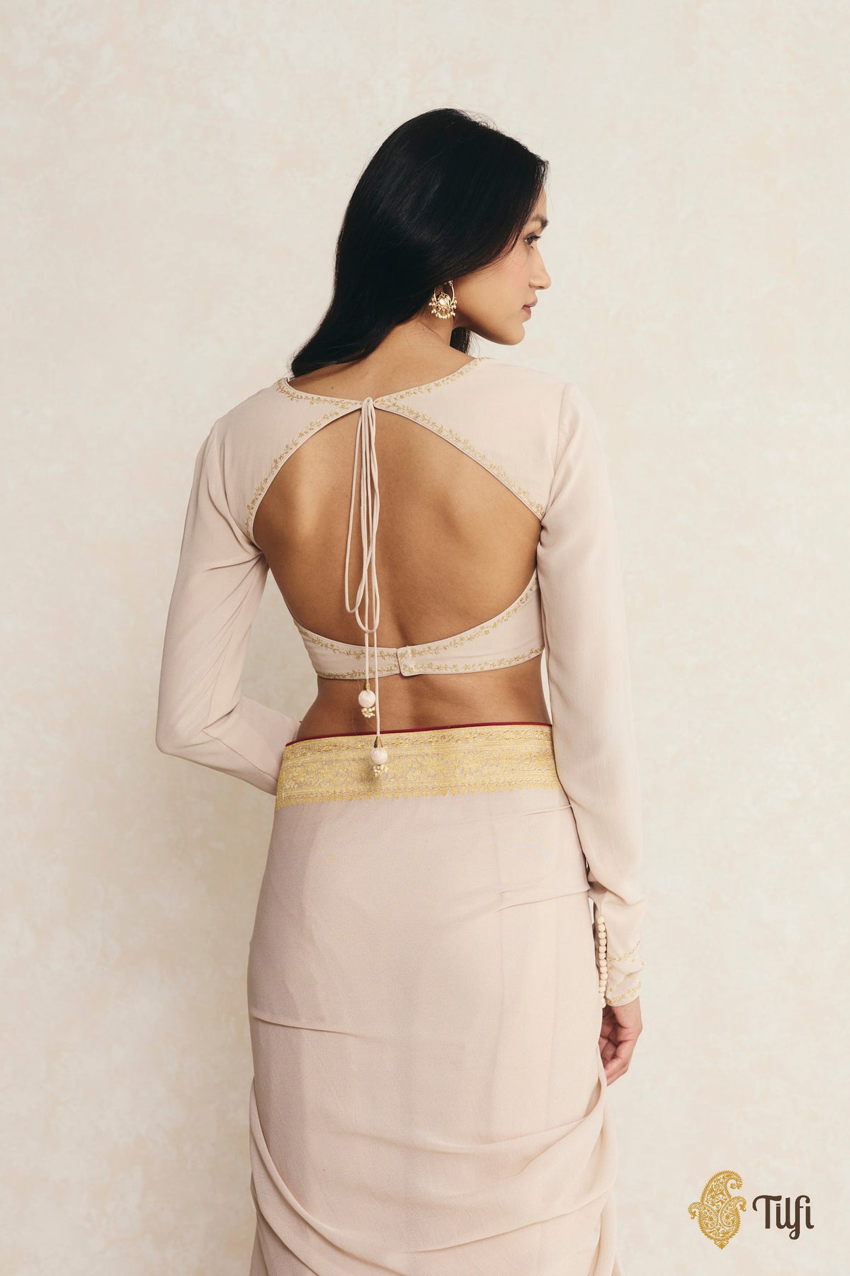 Beige Pure Georgette Hand-Embroidered Blouse