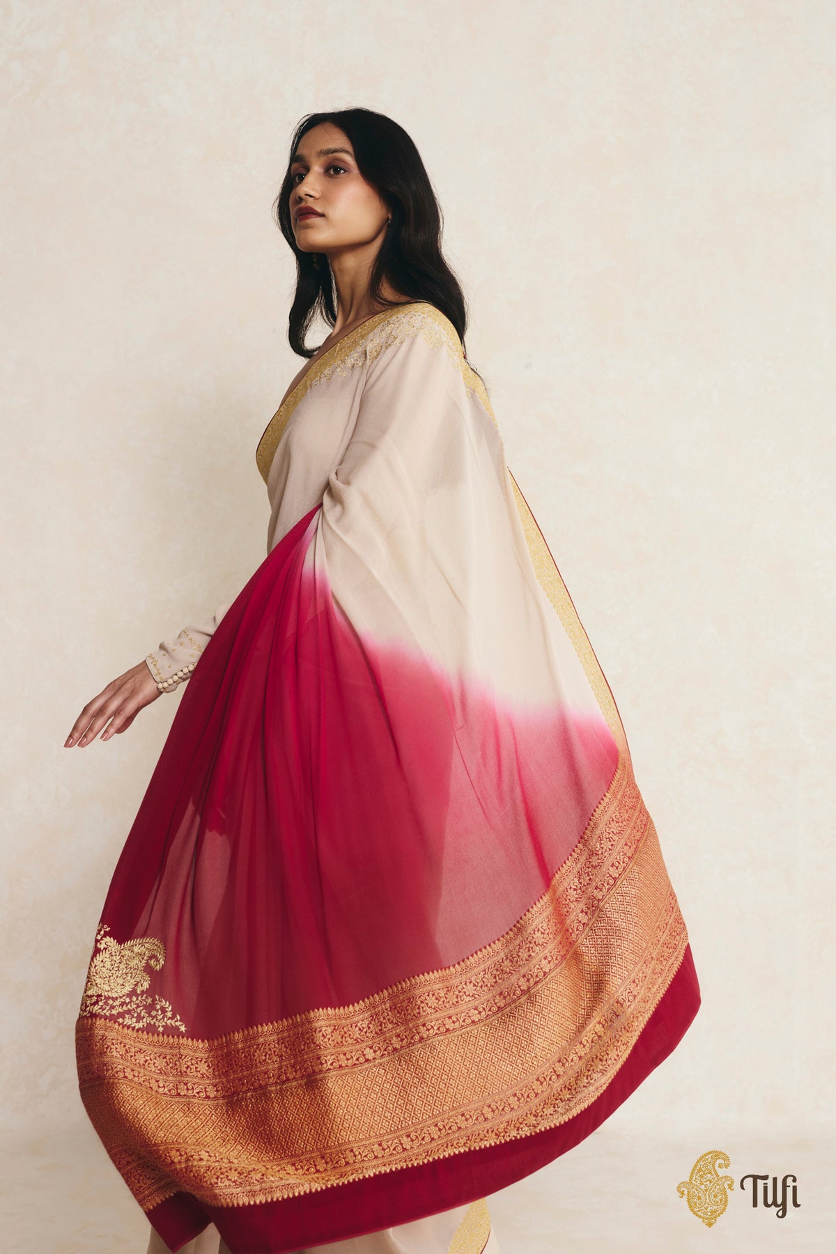 Pre-Order: Beige-Red Ombré Pure Handwoven Georgette Hand-Embroidered Pre-Pleated Saree