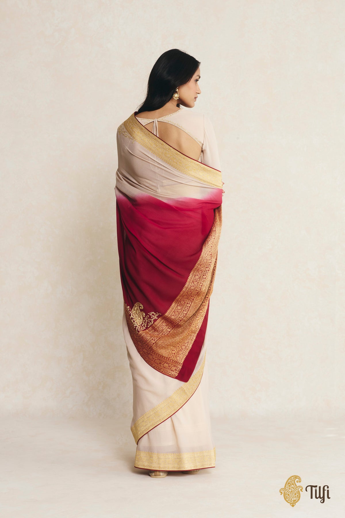 Pre-Order: Beige-Red Ombré Pure Handwoven Georgette Hand-Embroidered Pre-Pleated Saree
