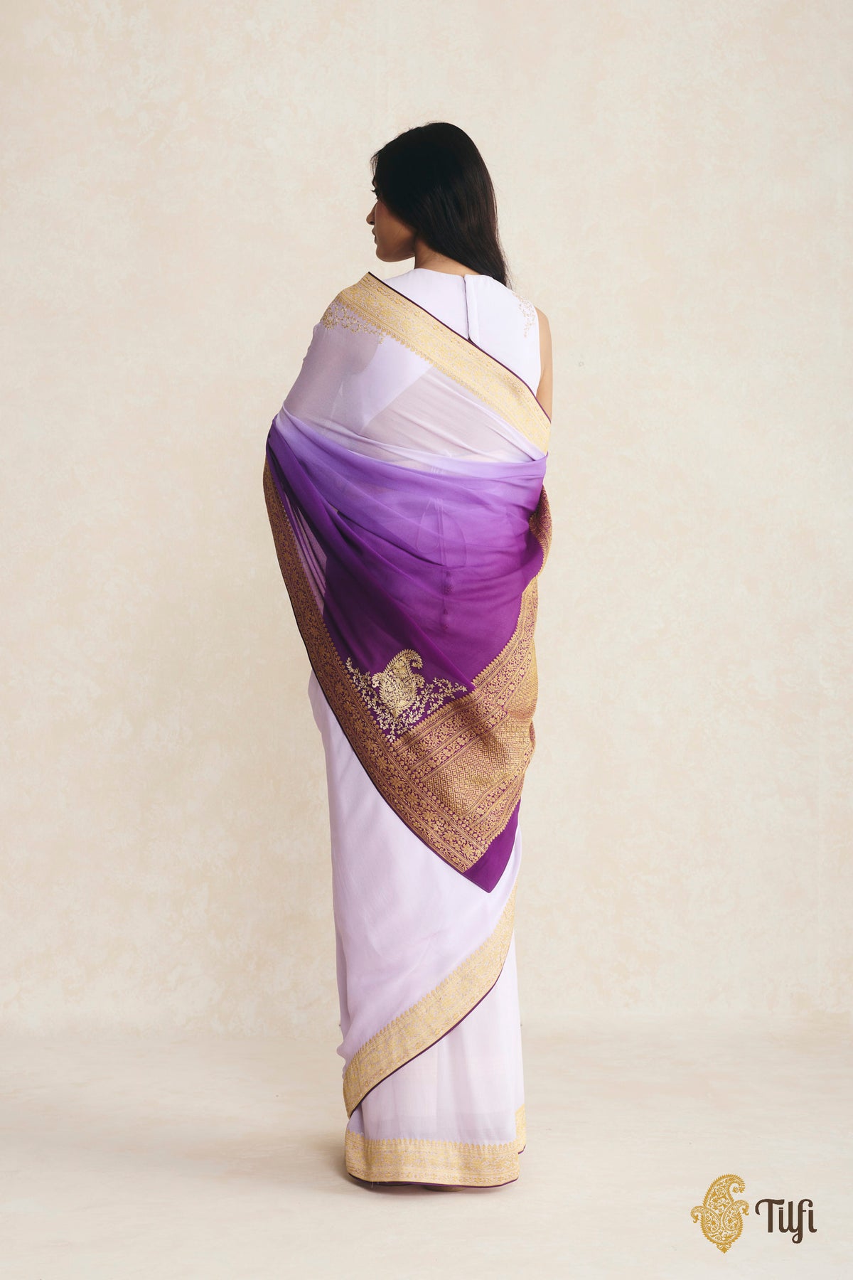 Pre-Order: Lavender-Purple Ombré Pure Handwoven Georgette Hand-Embroidered Pre-Pleated Saree
