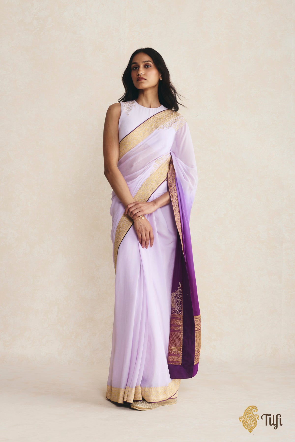 Pre-Order: Lavender-Purple Ombré Pure Handwoven Georgette Hand-Embroidered Pre-Pleated Saree