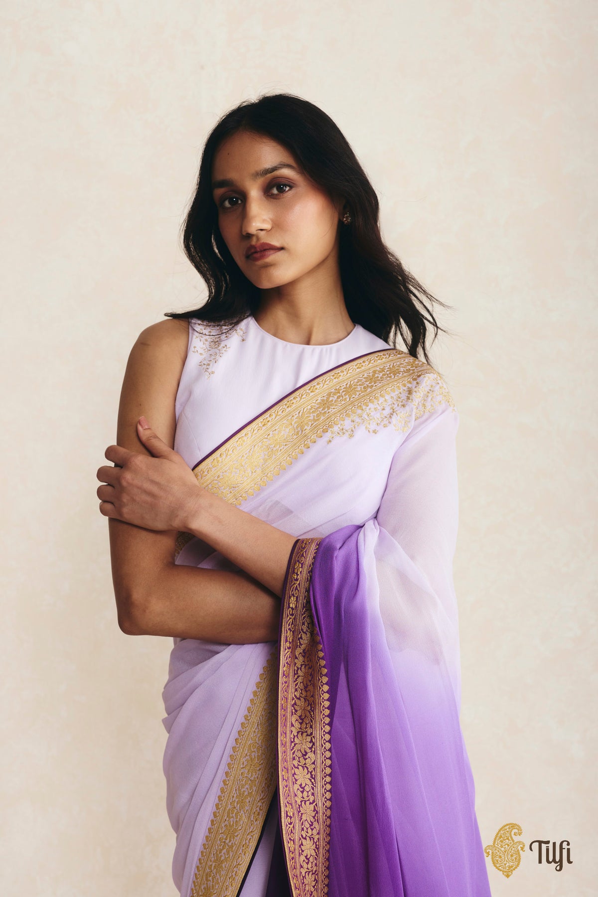 Pre-Order: Lavender-Purple Ombré Pure Handwoven Georgette Hand-Embroidered Pre-Pleated Saree