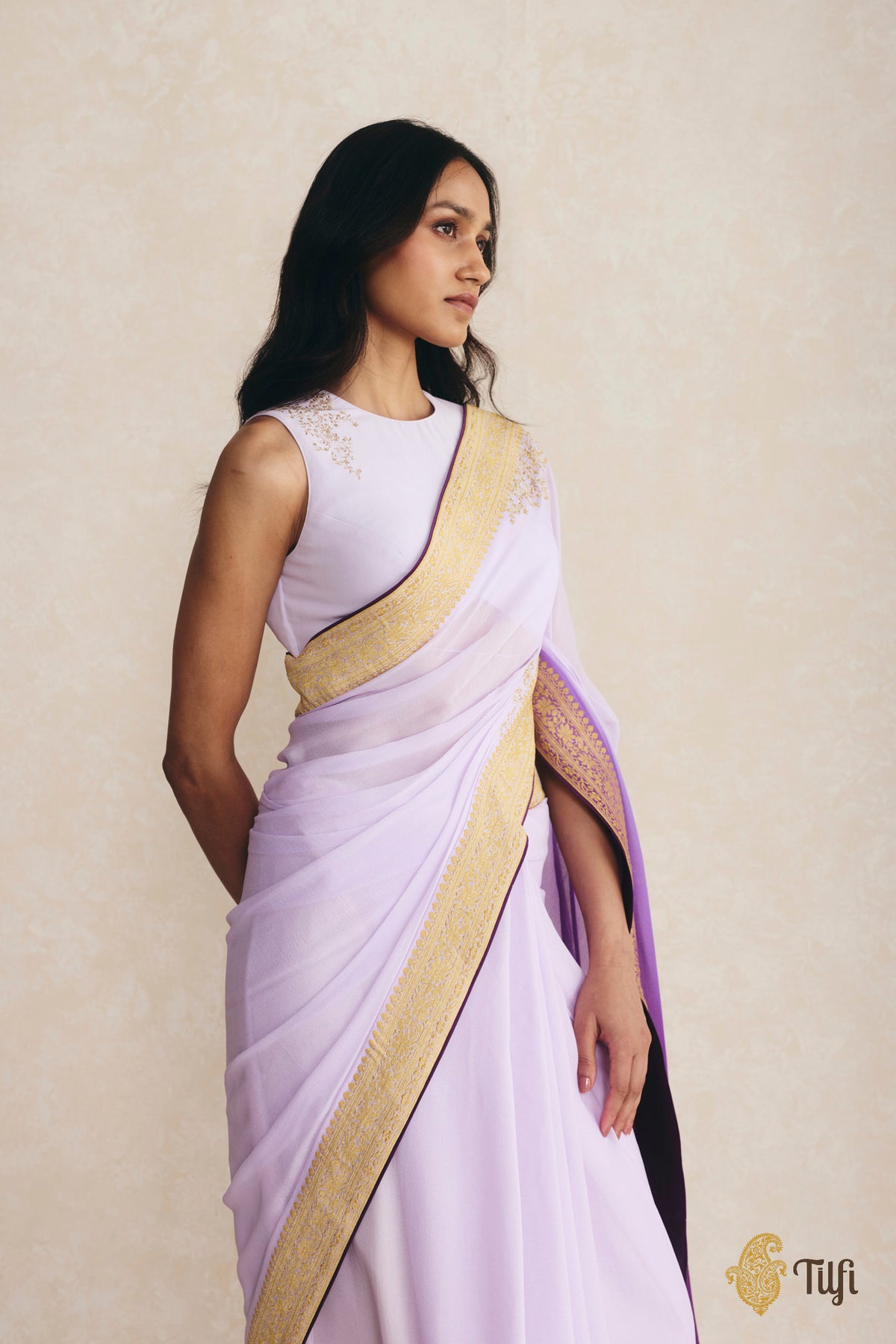 Pre-Order: Lavender-Purple Ombré Pure Handwoven Georgette Hand-Embroidered Pre-Pleated Saree