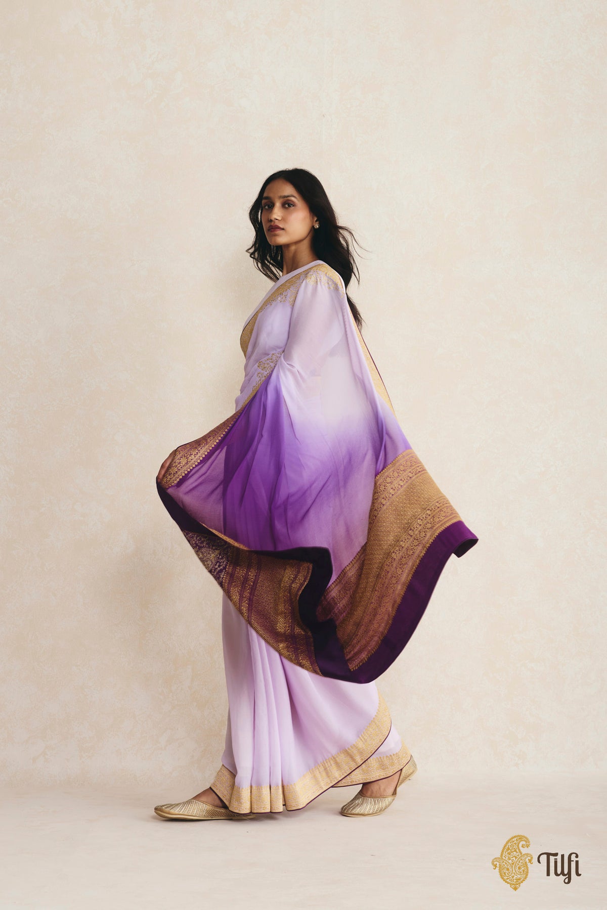 Pre-Order: Lavender-Purple Ombré Pure Handwoven Georgette Hand-Embroidered Pre-Pleated Saree