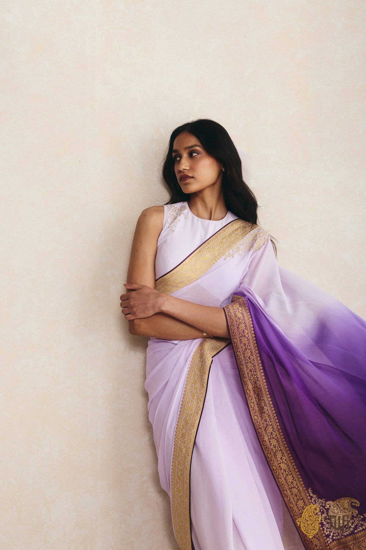 Pre-Order: Lavender-Purple Ombré Pure Handwoven Georgette Hand-Embroidered Pre-Pleated Saree