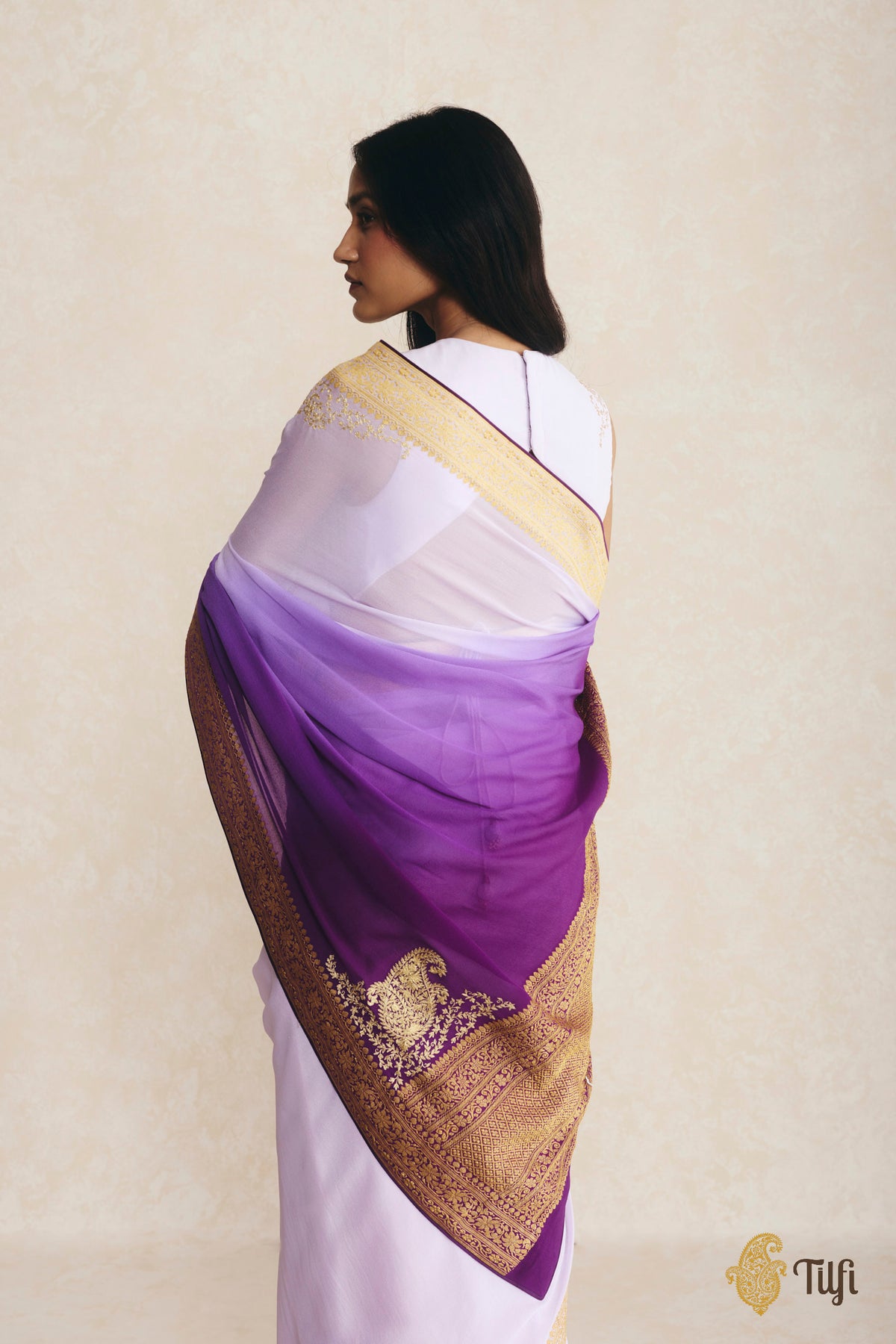 Pre-Order: Lavender-Purple Ombré Pure Handwoven Georgette Hand-Embroidered Pre-Pleated Saree