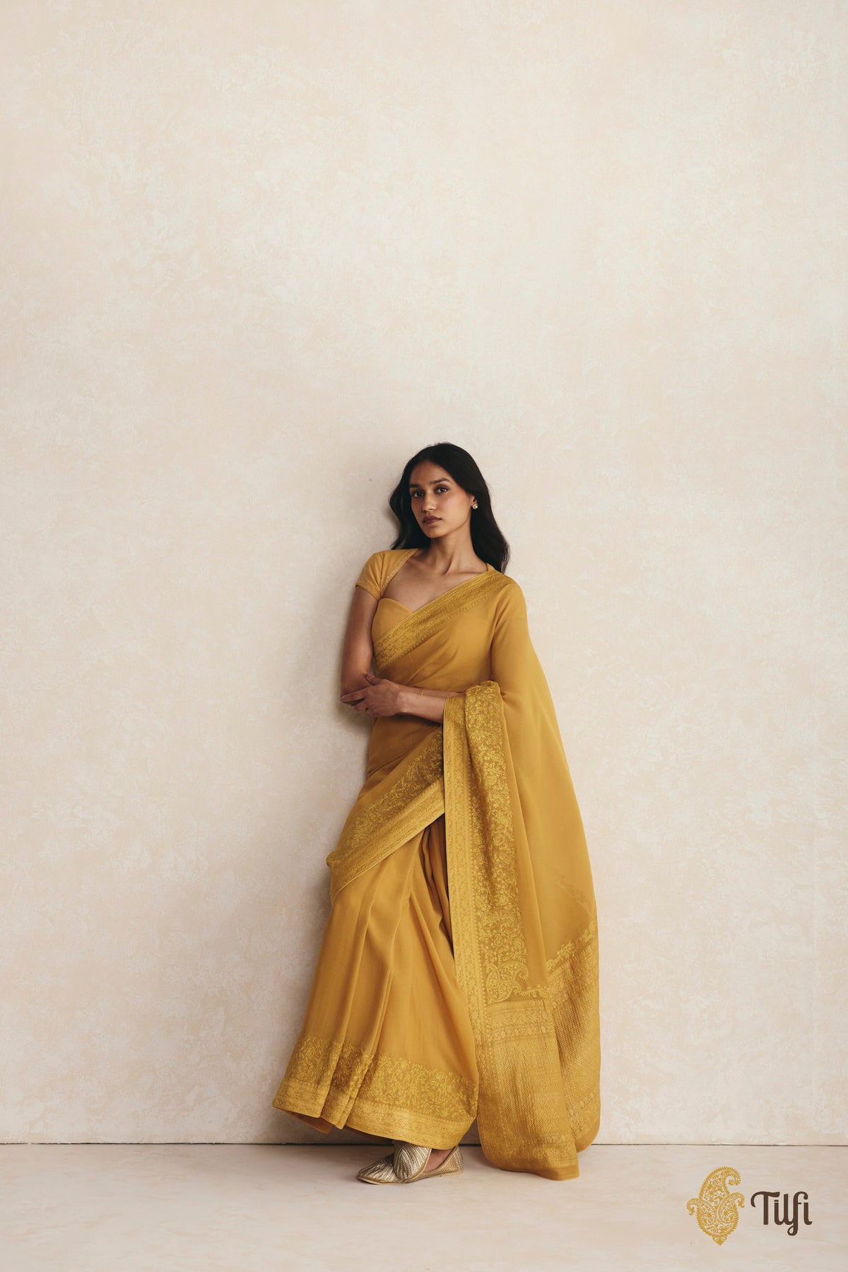 Mustard Pure Handwoven Georgette Hand-Embroidered Saree
