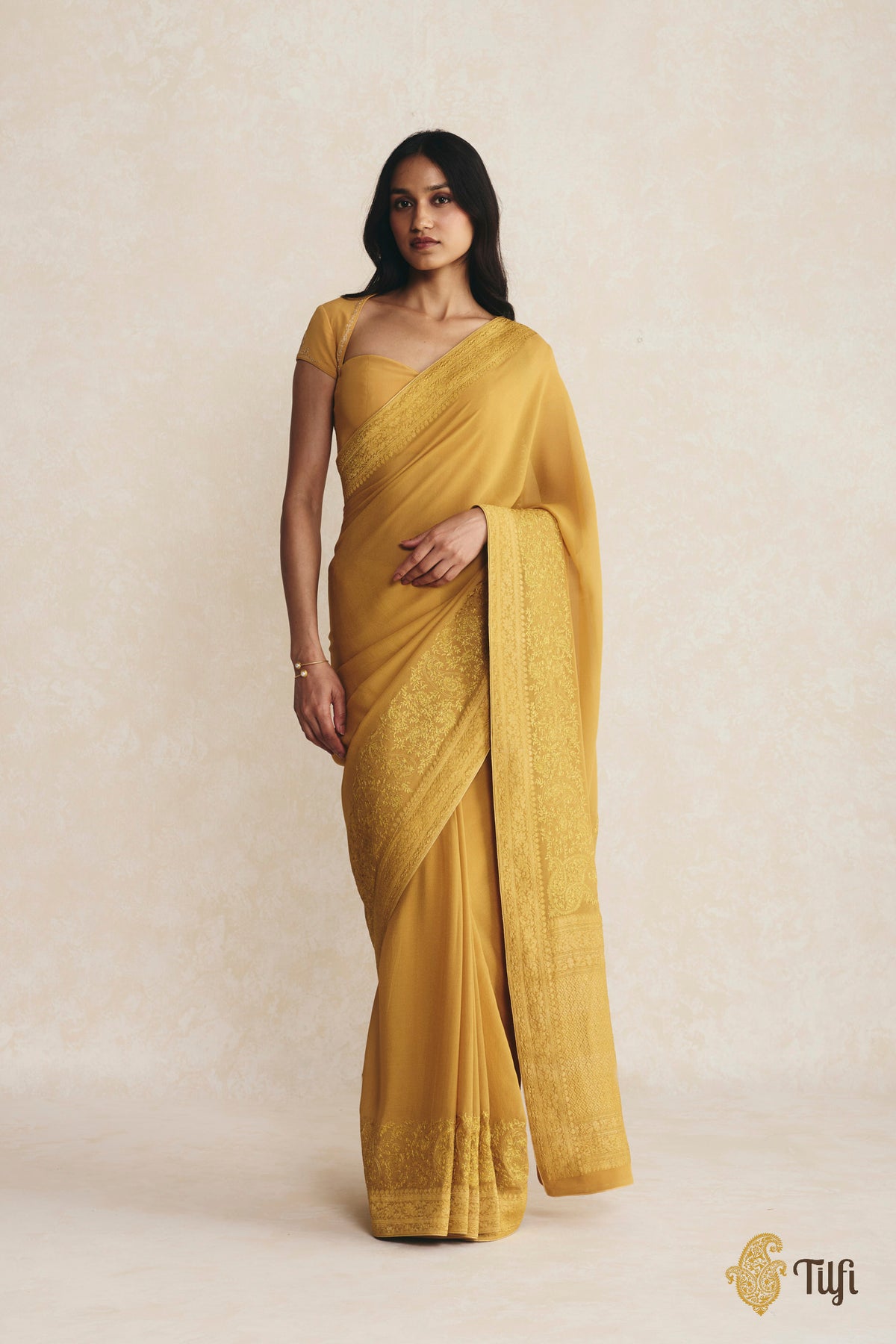 Mustard Pure Handwoven Georgette Hand-Embroidered Saree