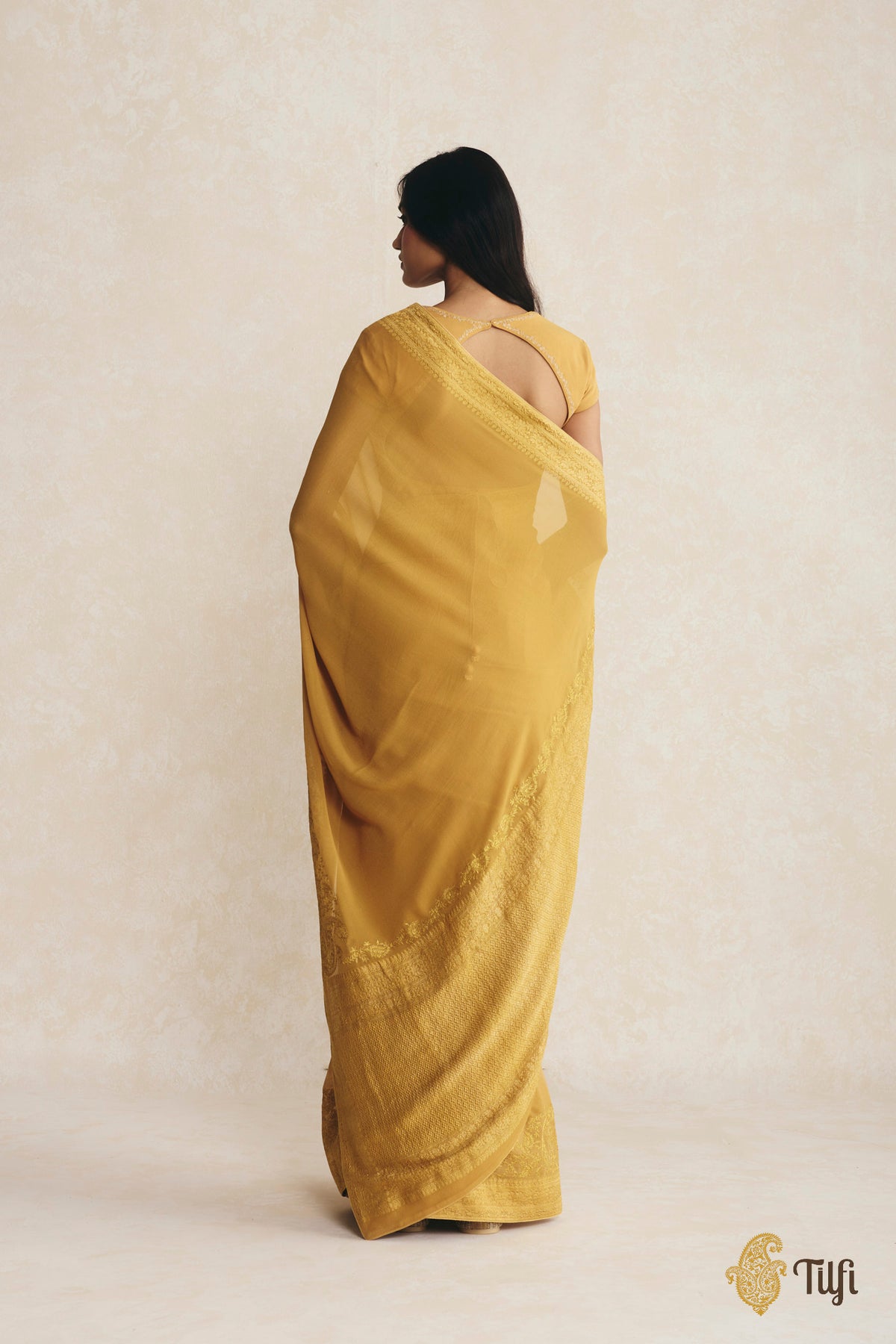 Mustard Pure Handwoven Georgette Hand-Embroidered Saree