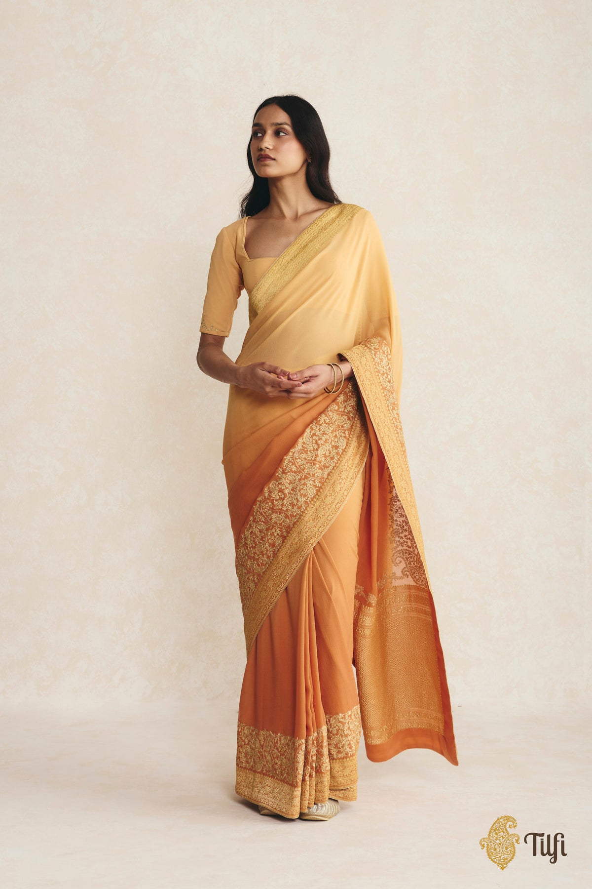 Yellow-Orange Ombré Pure Handwoven Georgette Hand-Embroidered Saree