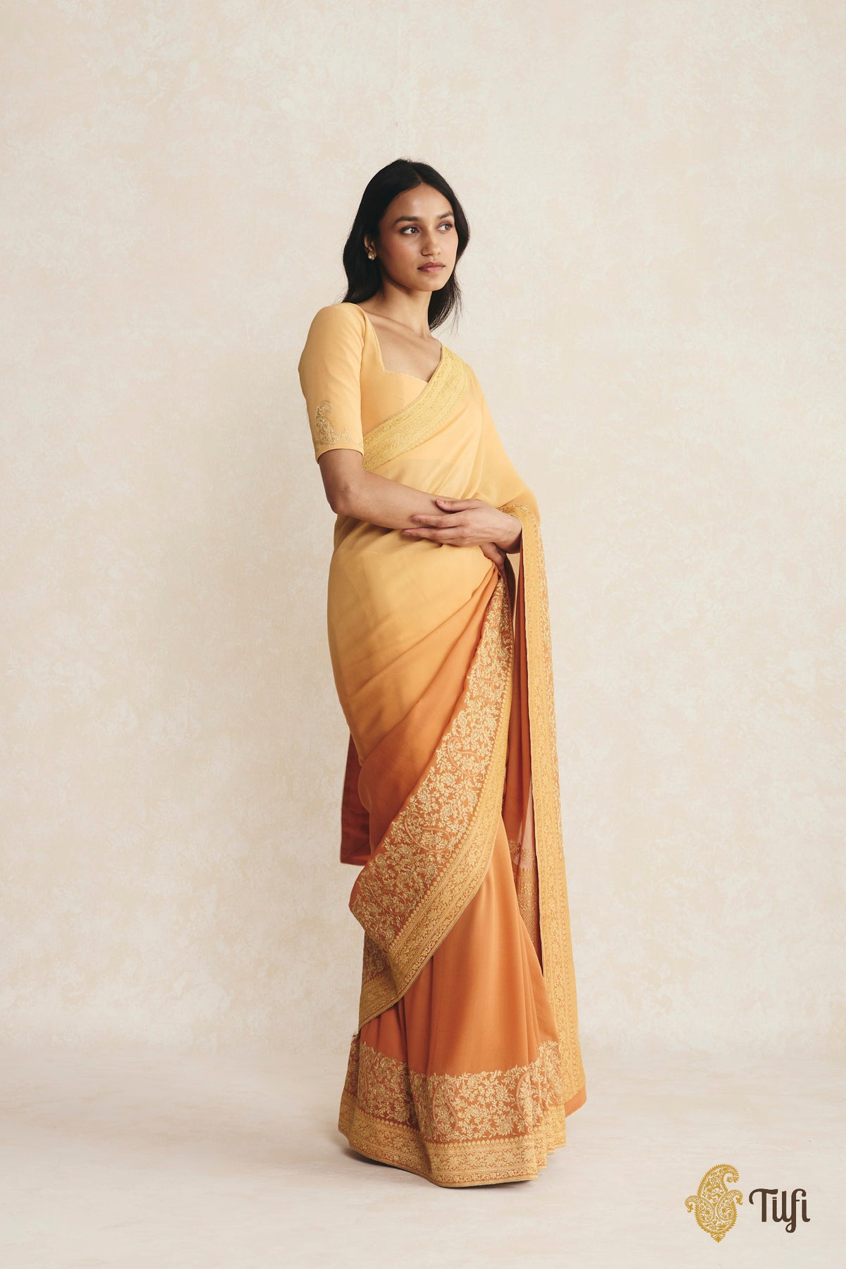 Yellow-Orange Ombré Pure Handwoven Georgette Hand-Embroidered Saree