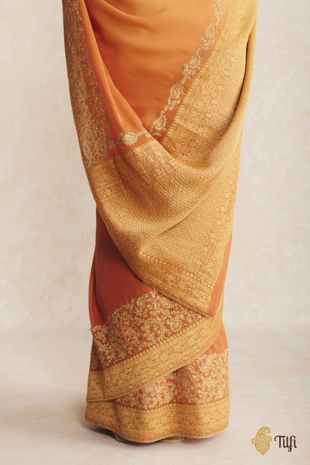 Yellow-Orange Ombré Pure Handwoven Georgette Hand-Embroidered Saree