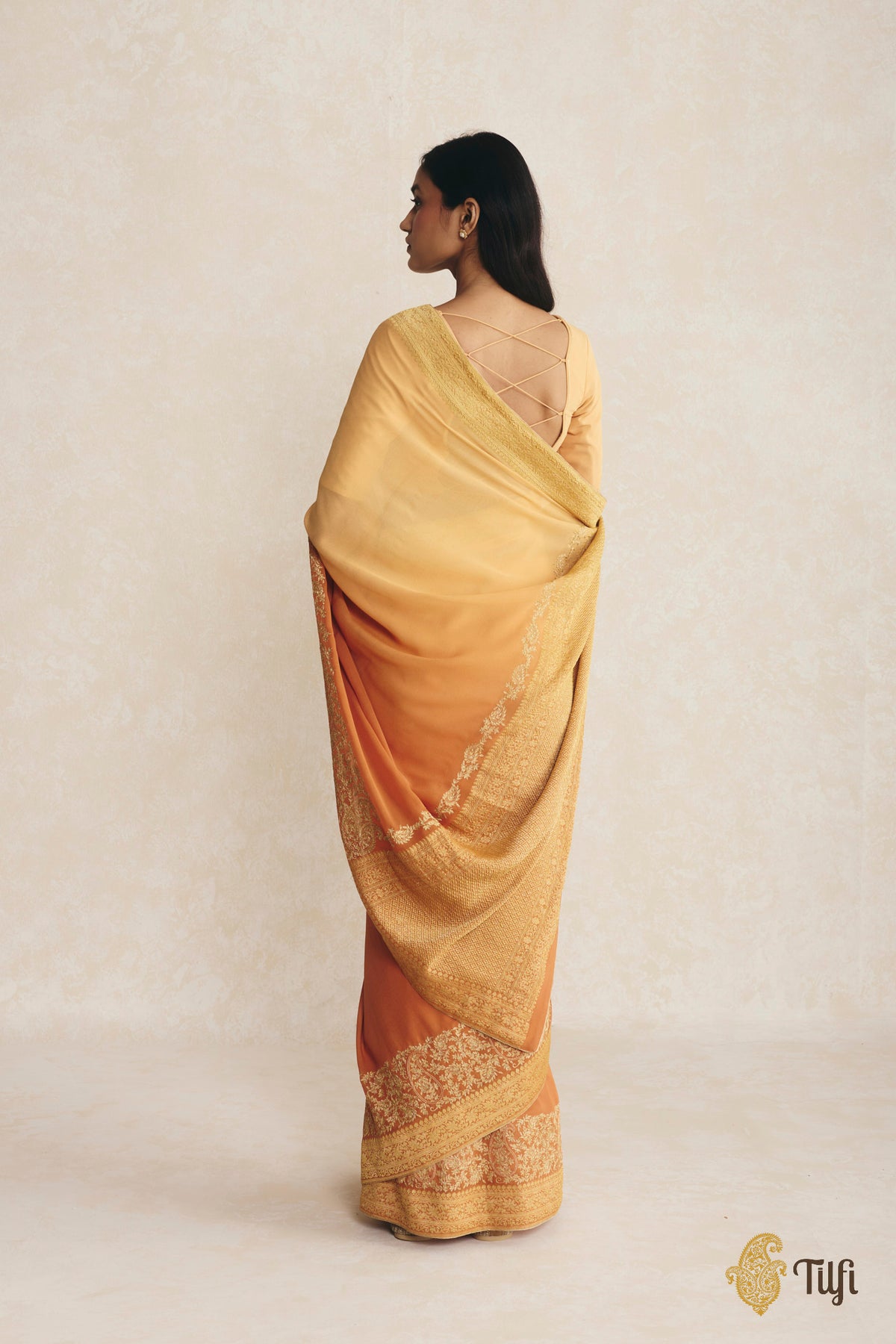 Yellow-Orange Ombré Pure Handwoven Georgette Hand-Embroidered Saree