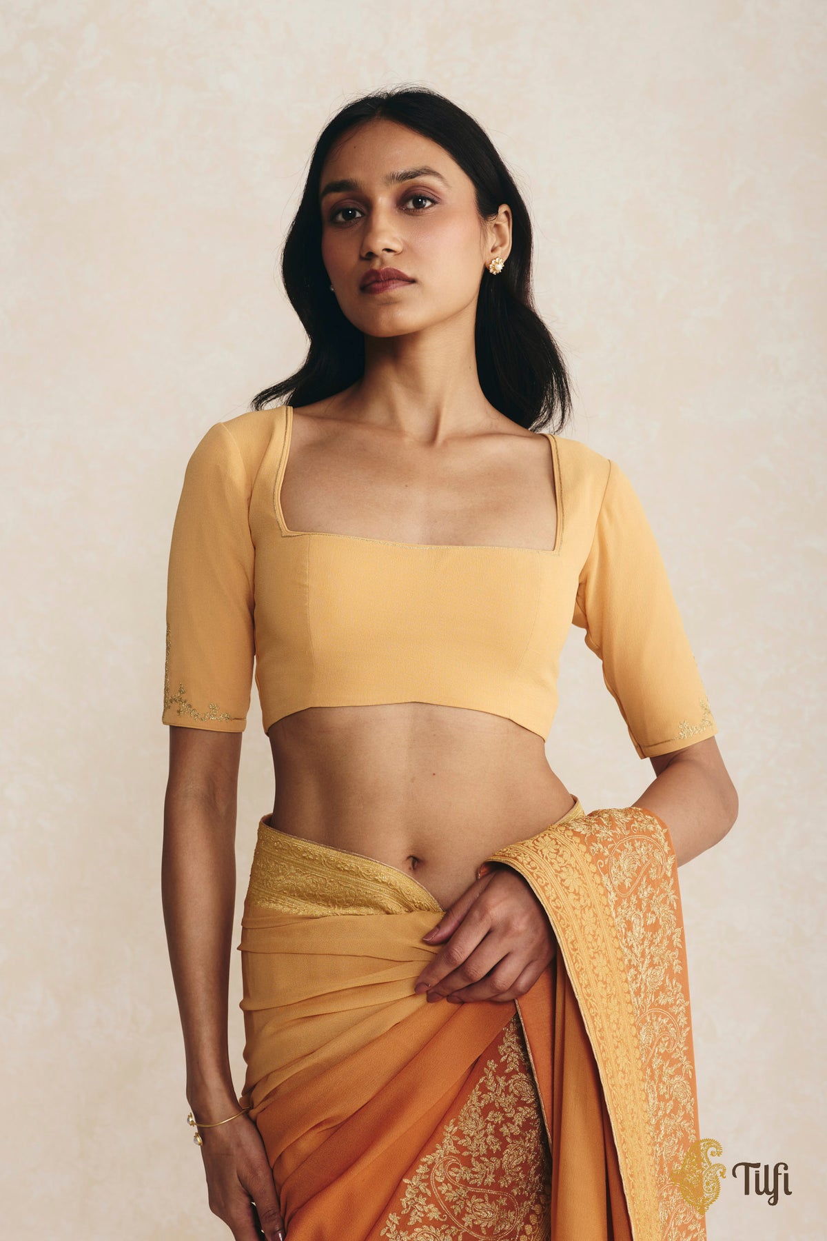 Orange Pure Georgette Hand-Embroidered Blouse