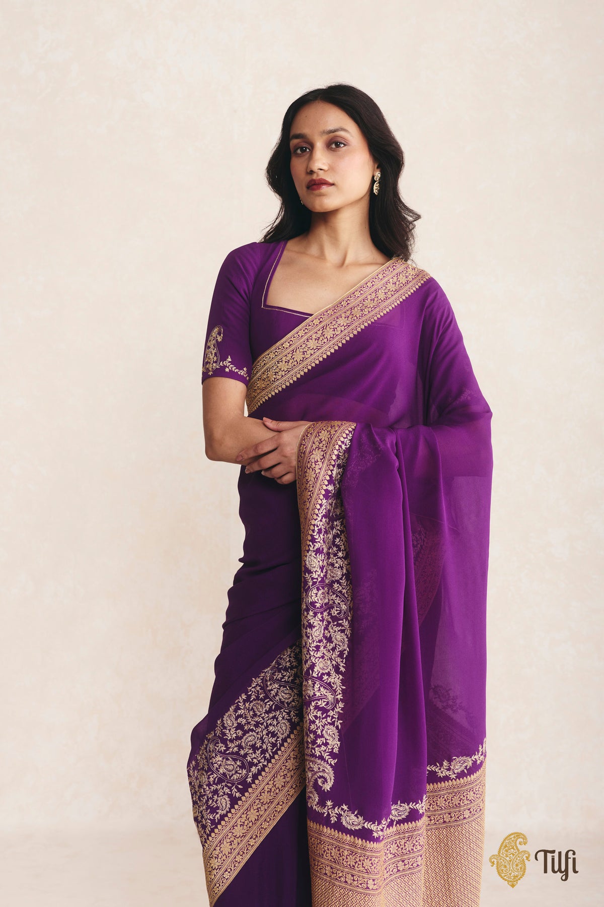 Pre-Order: Purple Pure Handwoven Georgette Hand-Embroidered Saree