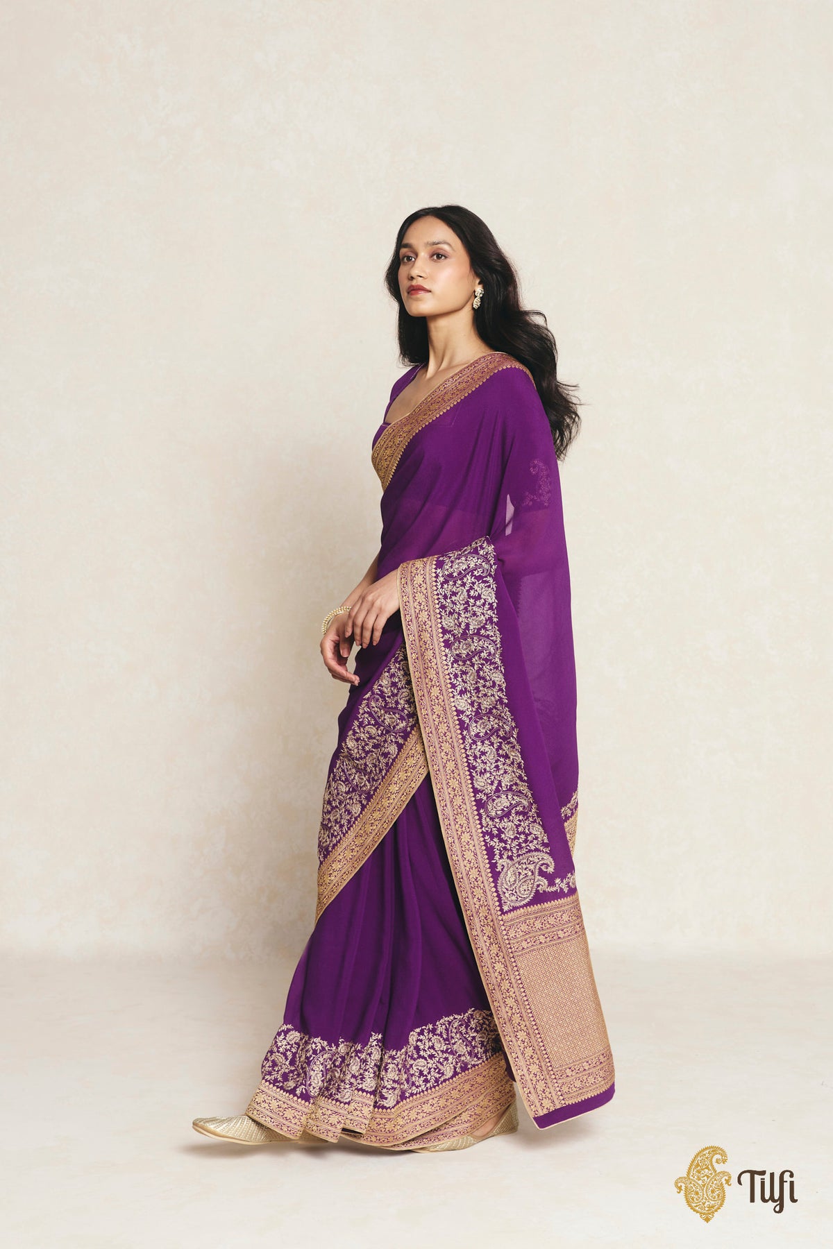 Pre-Order: Purple Pure Handwoven Georgette Hand-Embroidered Saree
