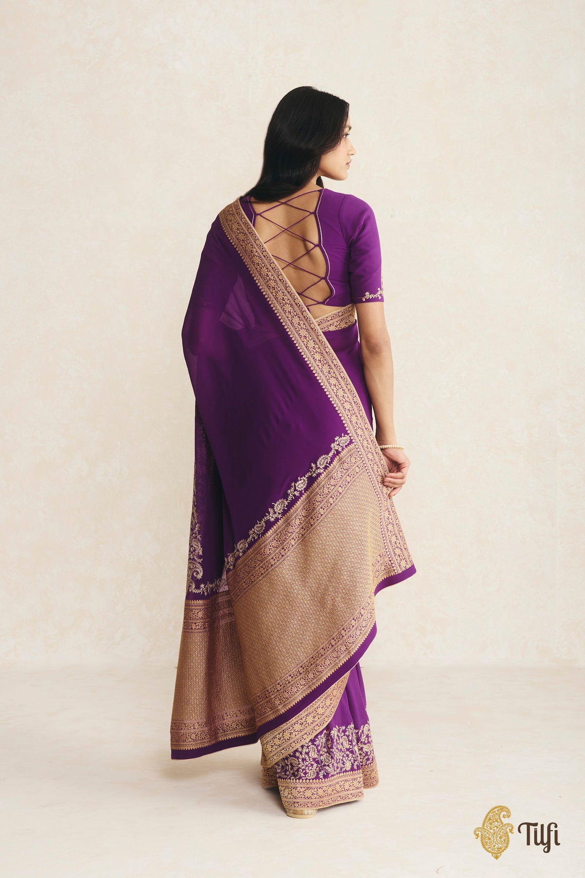 Pre-Order: Purple Pure Handwoven Georgette Hand-Embroidered Saree