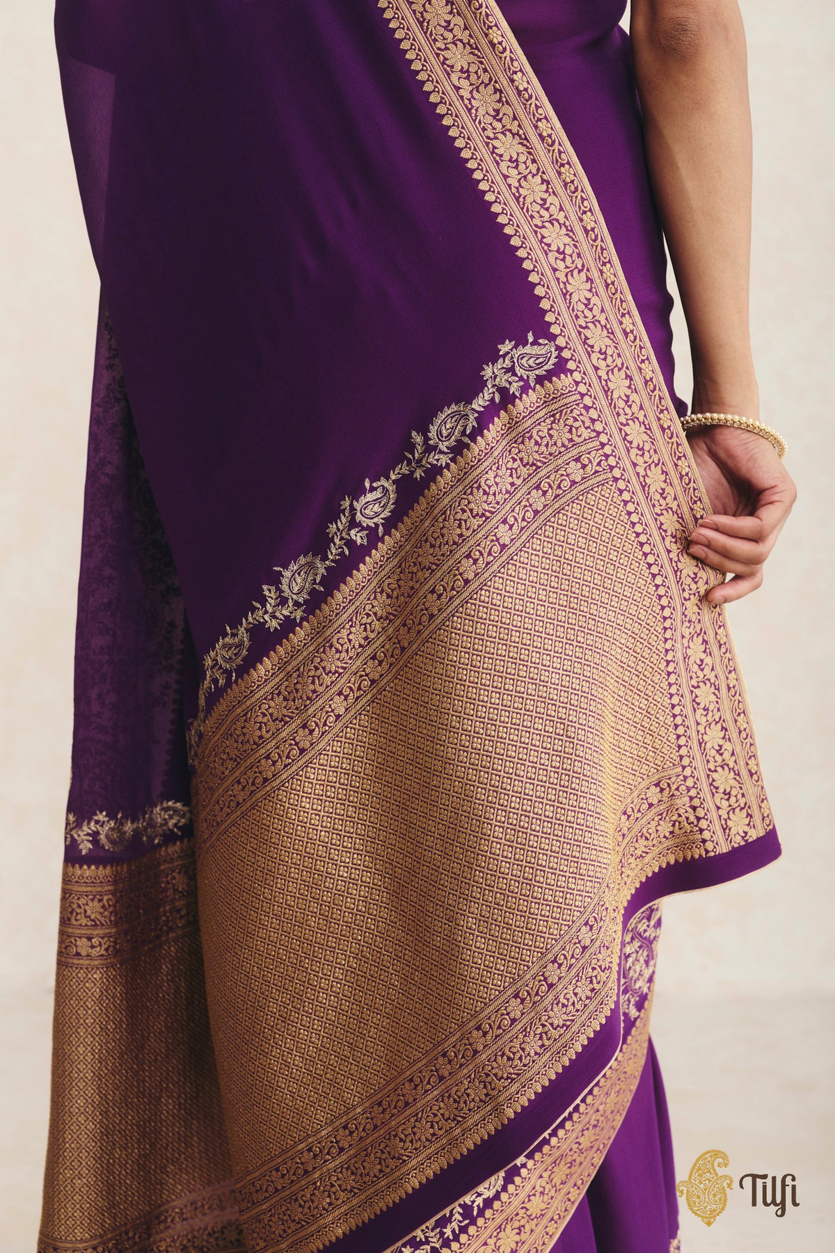 Pre-Order: Purple Pure Handwoven Georgette Hand-Embroidered Saree