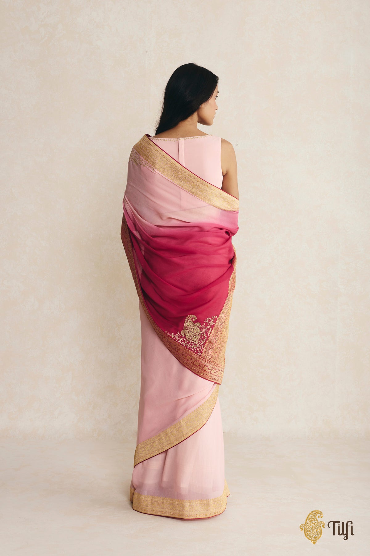 Pink-Magenta Ombré Pure Handwoven Georgette Hand-Embroidered Pre-Pleated Saree