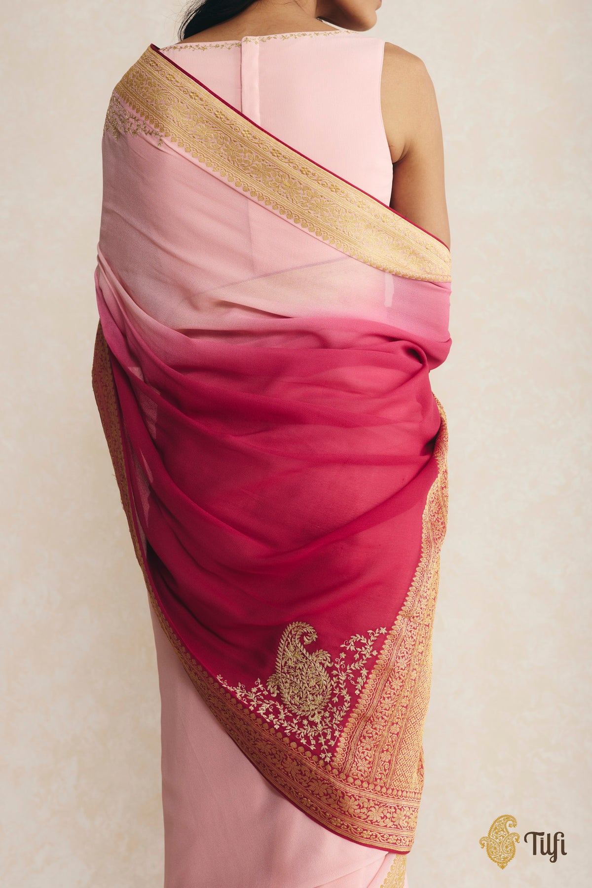 Pink-Magenta Ombré Pure Handwoven Georgette Hand-Embroidered Pre-Pleated Saree