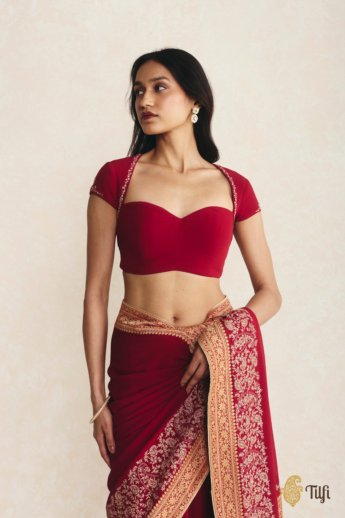 Red Pure Georgette Hand-Embroidered Blouse