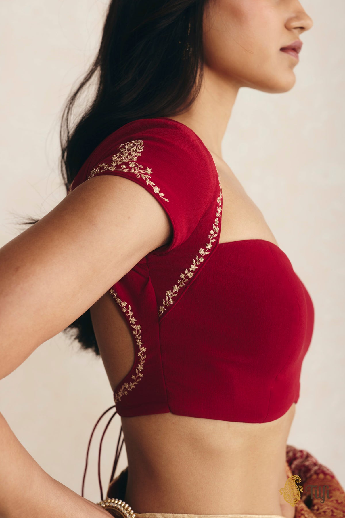 Red Pure Georgette Hand-Embroidered Blouse