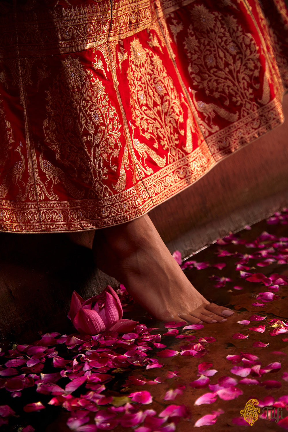 'Indira' Red Pure Katan Silk Banarasi Handloom Lehenga Set