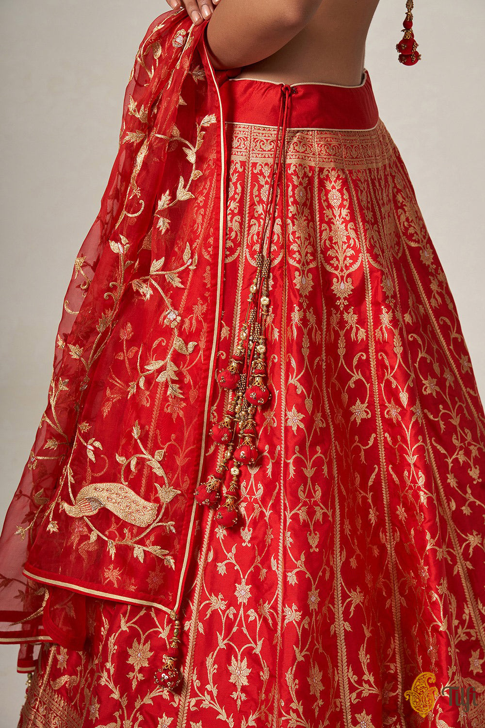 'Indira' Red Pure Katan Silk Banarasi Handloom Lehenga Set