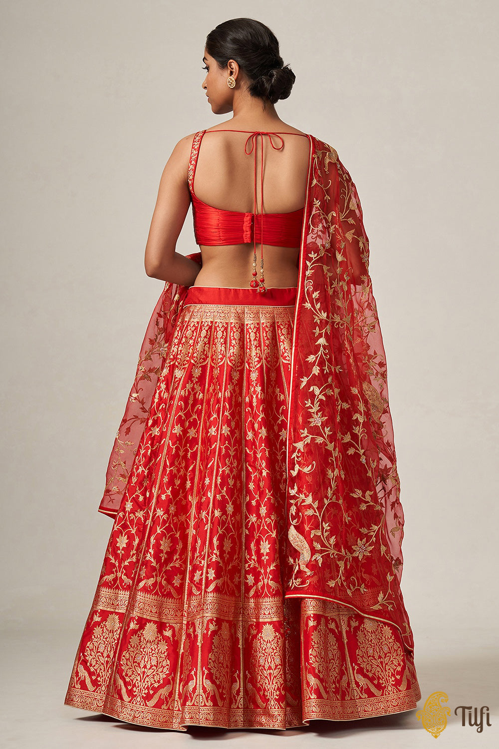 'Indira' Red Pure Katan Silk Banarasi Handloom Lehenga Set